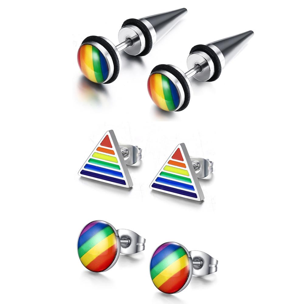 Rainbow Spike Stud Earrings for Men Women Charm Stainless Steel