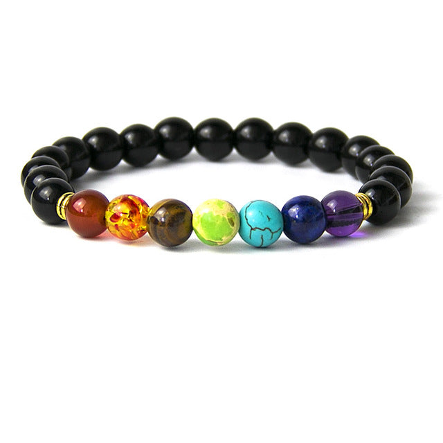 Rainbow Bead Bracelet - Black Agate, Red Agate, Blue Agate, Wooden,  Hematite, & Moonstone Beads
