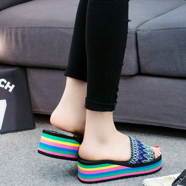 Women's Rainbow Slide Sandals with Wedge Heels